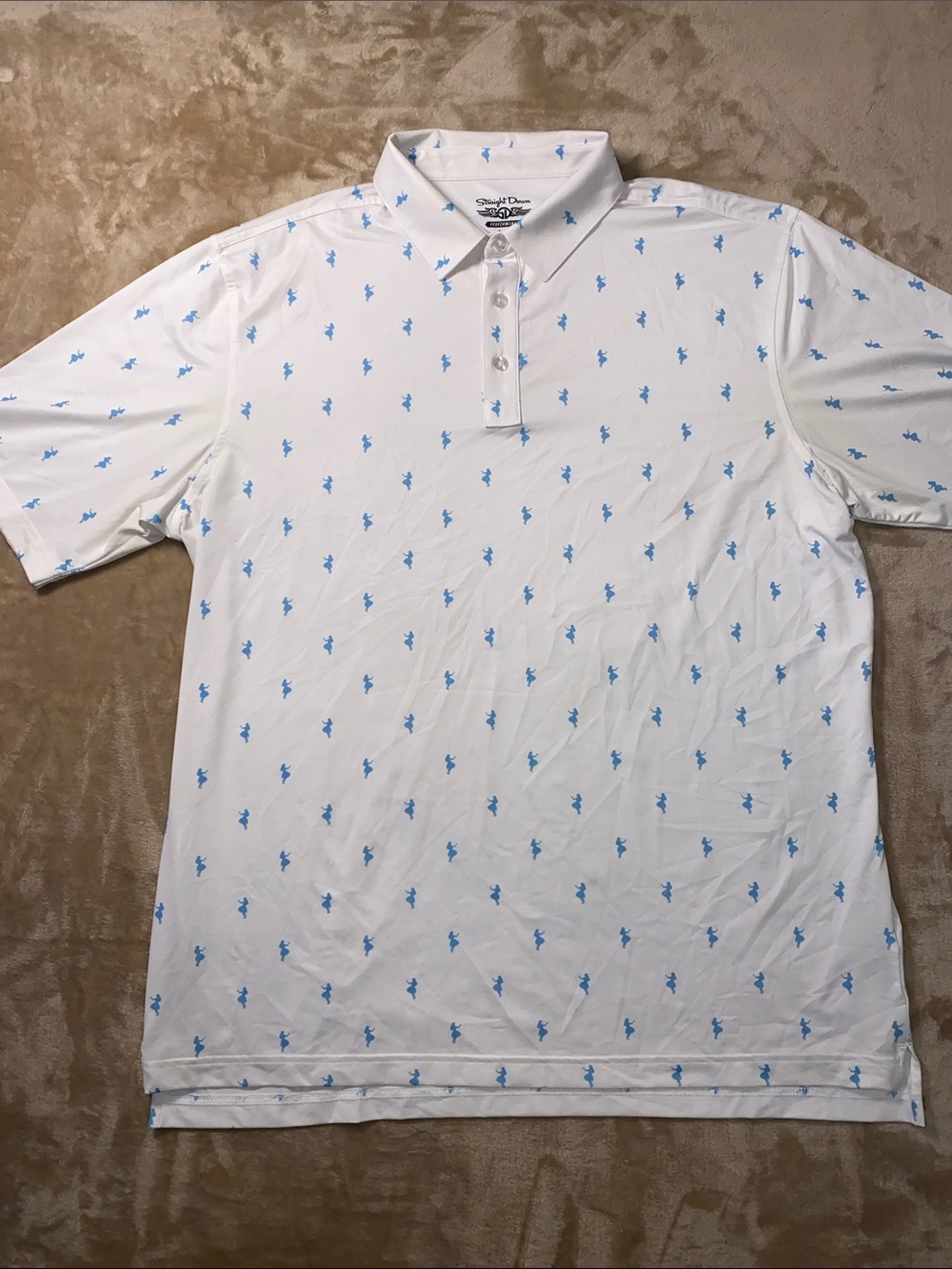 Straight Down White Polo with Light Blue Hulu Dancers Print